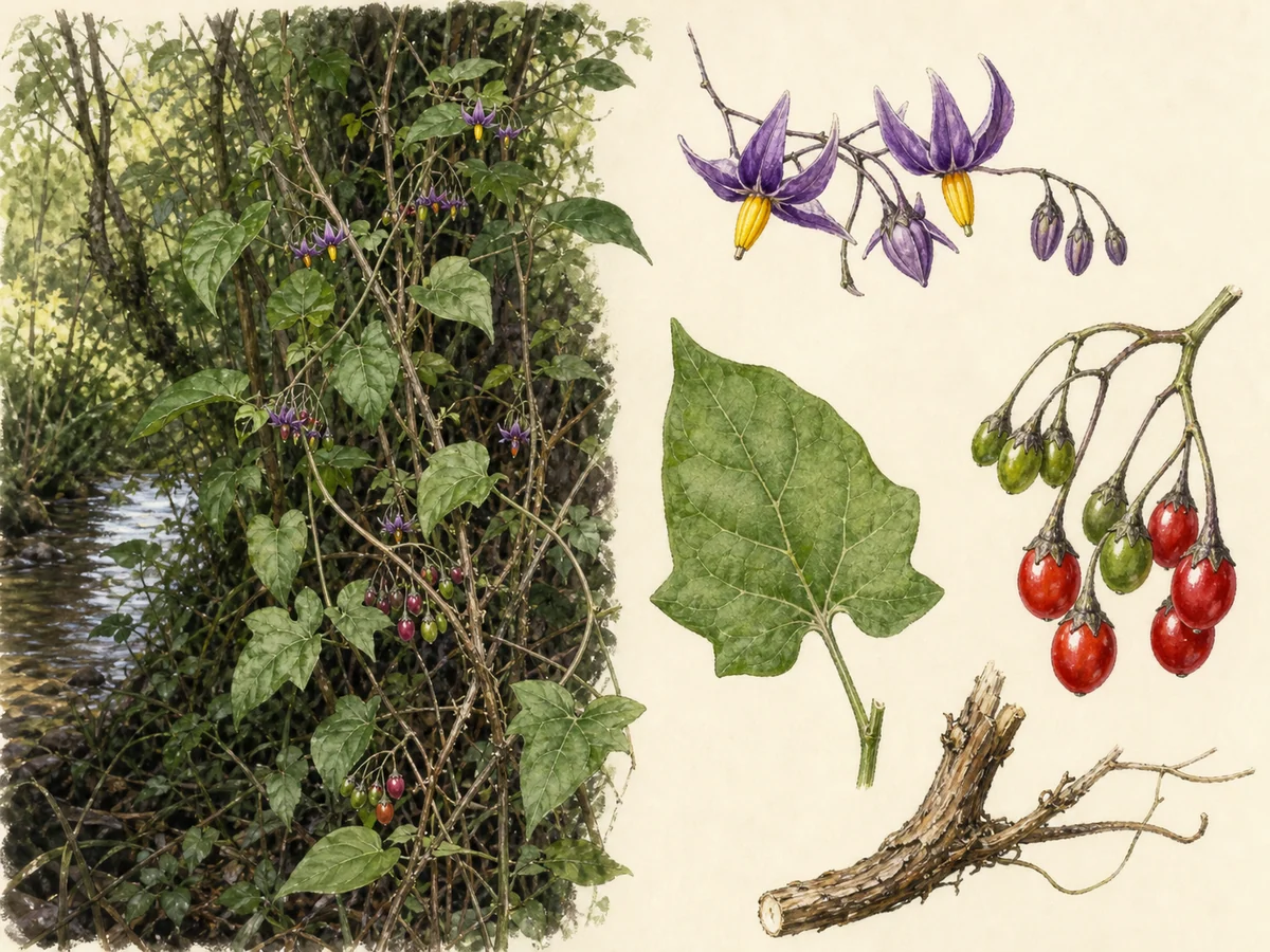 Prancha botânica de Solanum dulcamara com caules trepadores, folhas ovadas algumas com lóbulos basais, flores roxas recurvadas de anteras amarelas e bagas vermelhas