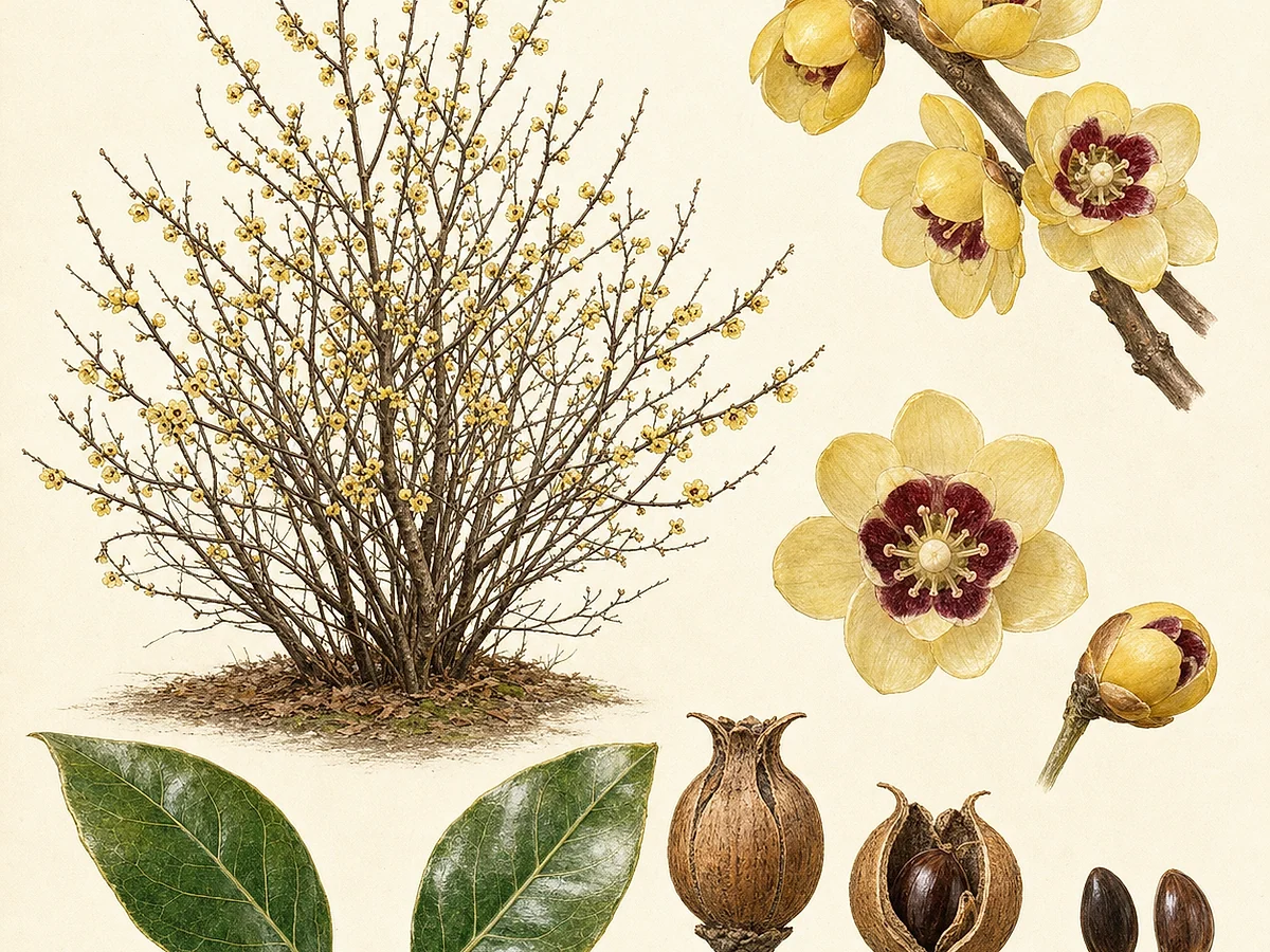 Prancha botânica de Chimonanthus praecox com arbusto caducifólio, folhas lanceoladas, flores cerosas amarelas de centro púrpura no ramo nu e cápsulas