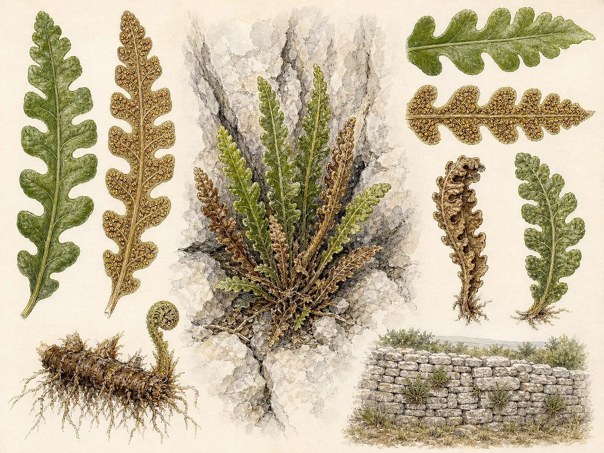 Prancha botânica de Ceterach officinarum com frondes lobadas, página superior verde e inferior densamente coberta por escamas douradas
