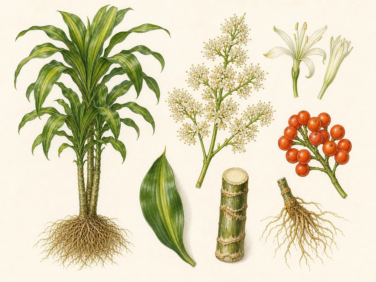 Prancha botânica de Dracaena fragrans com canas, rosetas de folhas arqueadas, panícula de flores brancas, bagas e raízes