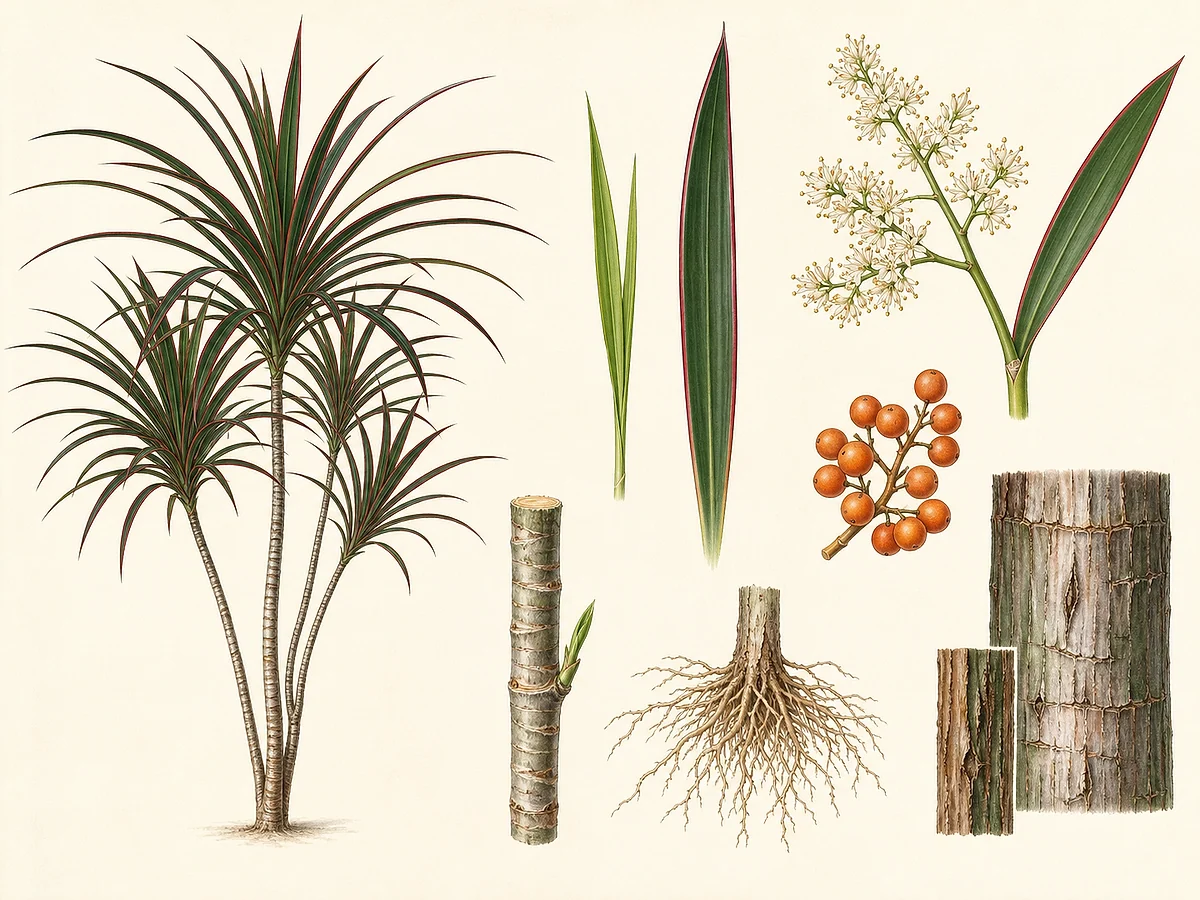 Prancha botânica de Dracaena reflexa var. angustifolia com canas ramificadas, tufos de folhas estreitas avermelhadas, flores, bagas e raízes