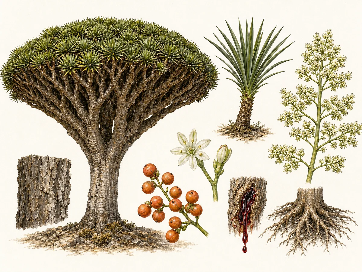Prancha botânica de Dracaena draco com copa em guarda-chuva, tronco ramificado, roseta de folhas, flores, bagas e sementes