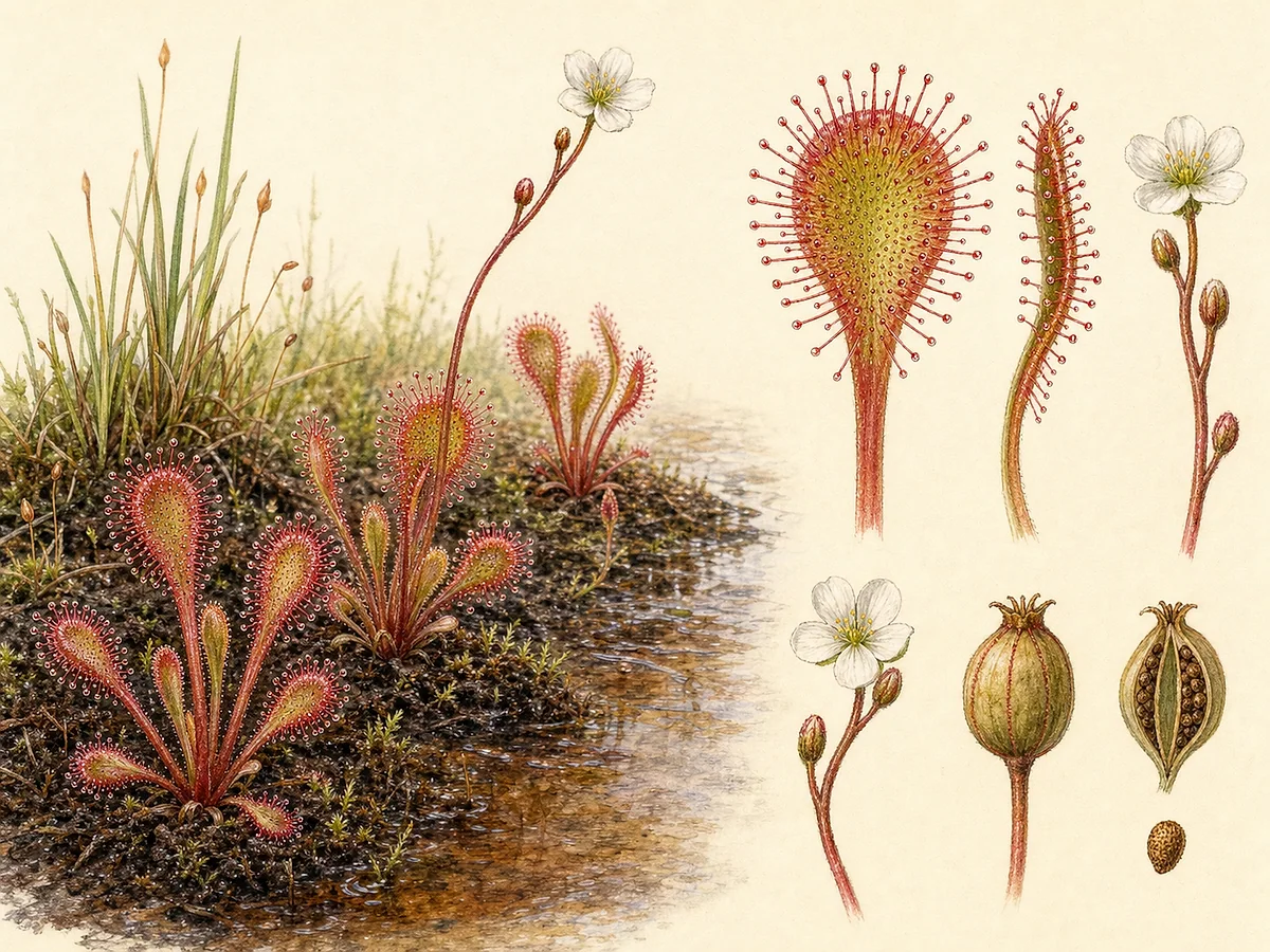 Prancha botânica de Drosera intermedia com roseta de folhas espatuladas erguidas, tentáculos glandulosos vermelhos, flor branca e cápsula
