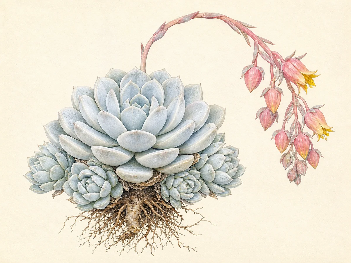 Ilustração botânica de Echeveria elegans com roseta azul-esbranquiçada, rebentos laterais e haste arqueada de flores rosa e amarelas