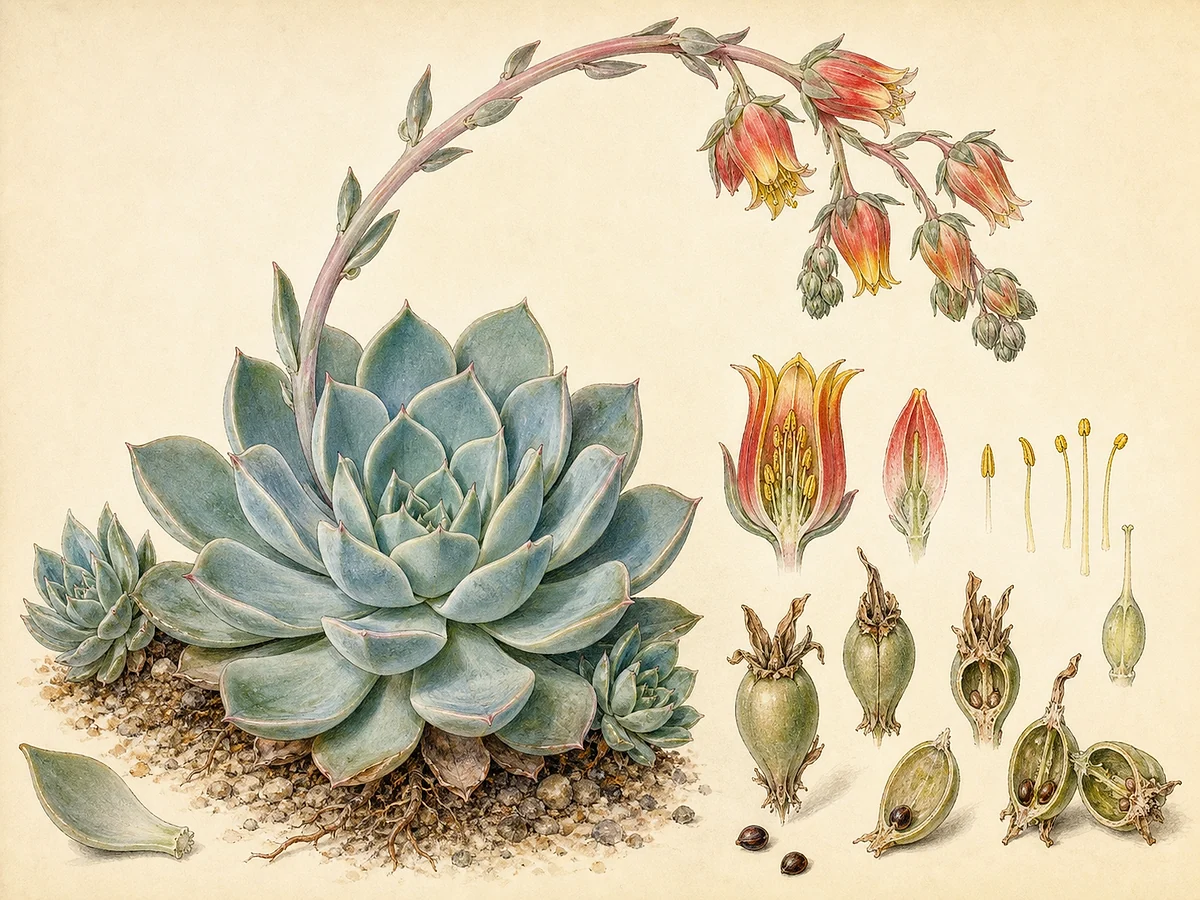 Prancha botânica de Echeveria secunda com roseta azul-esverdeada, rebentos laterais, haste arqueada, flores vermelhas e amarelas e folículos