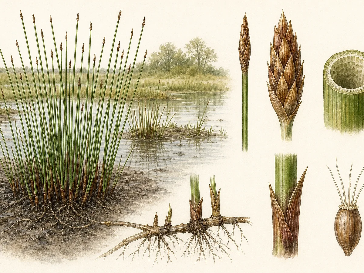 Prancha botânica de Eleocharis palustris com tapete de caules cilíndricos verdes sem folhas aparentes, uma espigueta castanha terminal por caule, rizomas finos e aquénios