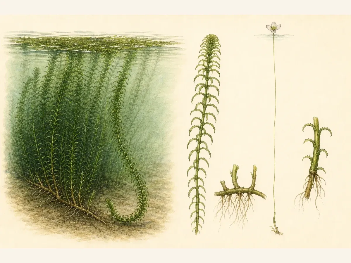 Prancha botânica de Lagarosiphon major com tapete submerso, caule em J, folhas espiraladas recurvadas, rizoma, flor pedunculada e fragmento enraizado