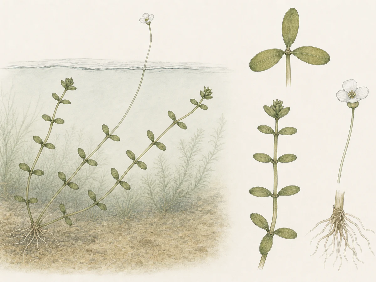 Prancha ilustrada de Elodea canadensis com povoamento totalmente submerso, caule enraizado e ramificado, verticilos de três folhas ovais de ponta romba, pequena flor branca em pedúnculo filiforme e comparação de nó