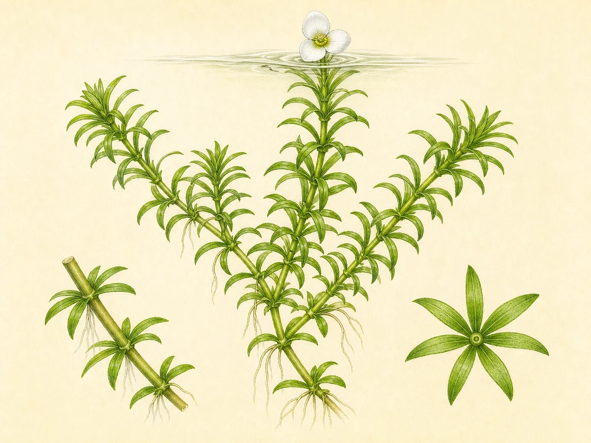 Prancha ilustrada de Egeria densa, nome aceite Elodea densa, com caules aquáticos submersos, folhas verticiladas, raízes nos nós e flor branca