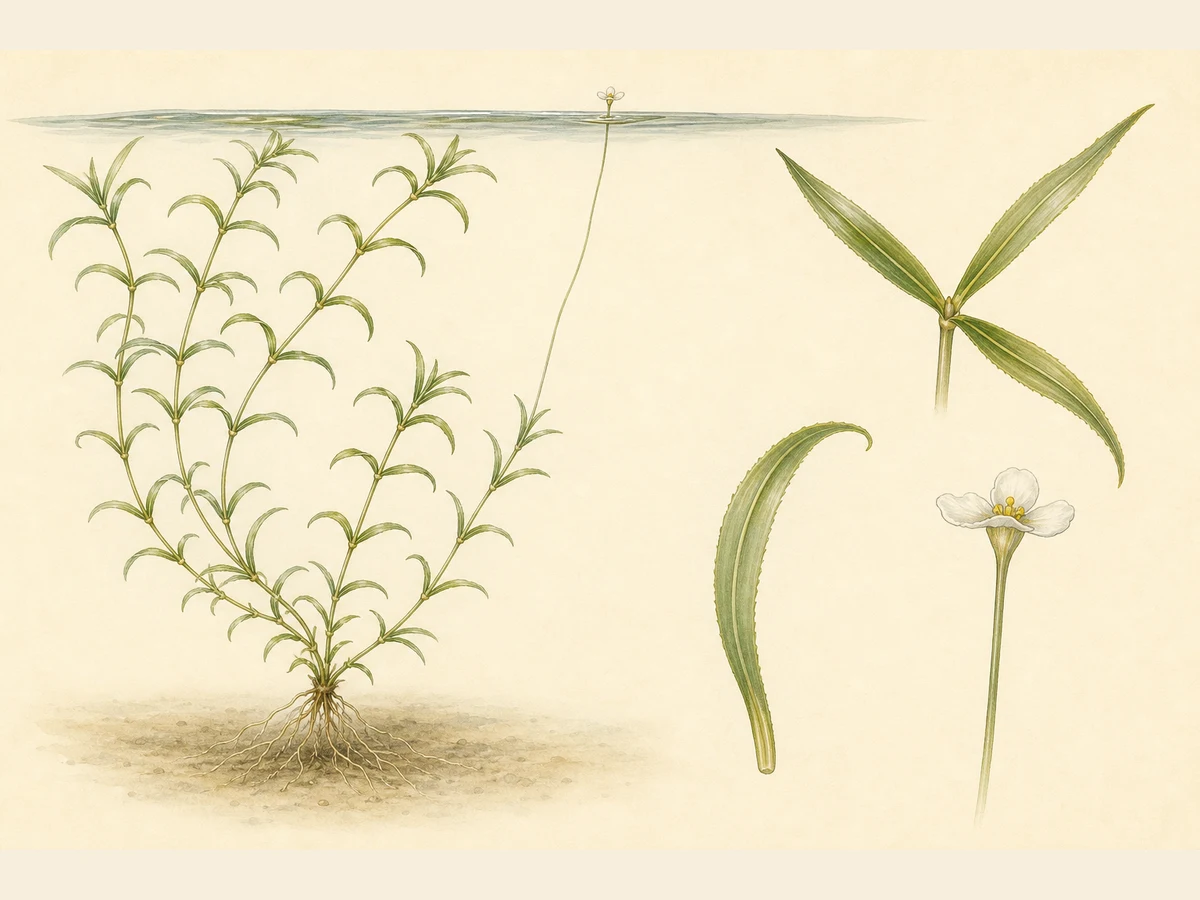 Prancha ilustrada de Elodea nuttallii com planta submersa enraizada, folhas estreitas recurvadas em verticilos de três, folha pontiaguda e pequena flor branca num pedúnculo longo