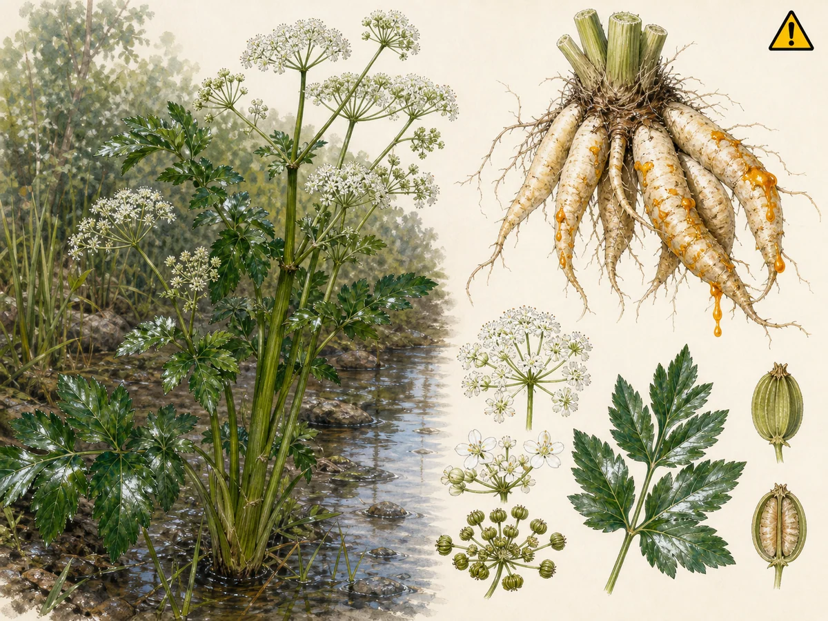 Prancha botânica de Oenanthe crocata com grandes folhas divididas brilhantes, caule estriado oco, umbelas brancas, frutos e raízes tuberosas agrupadas, acompanhada por símbolo visual de perigo sem texto