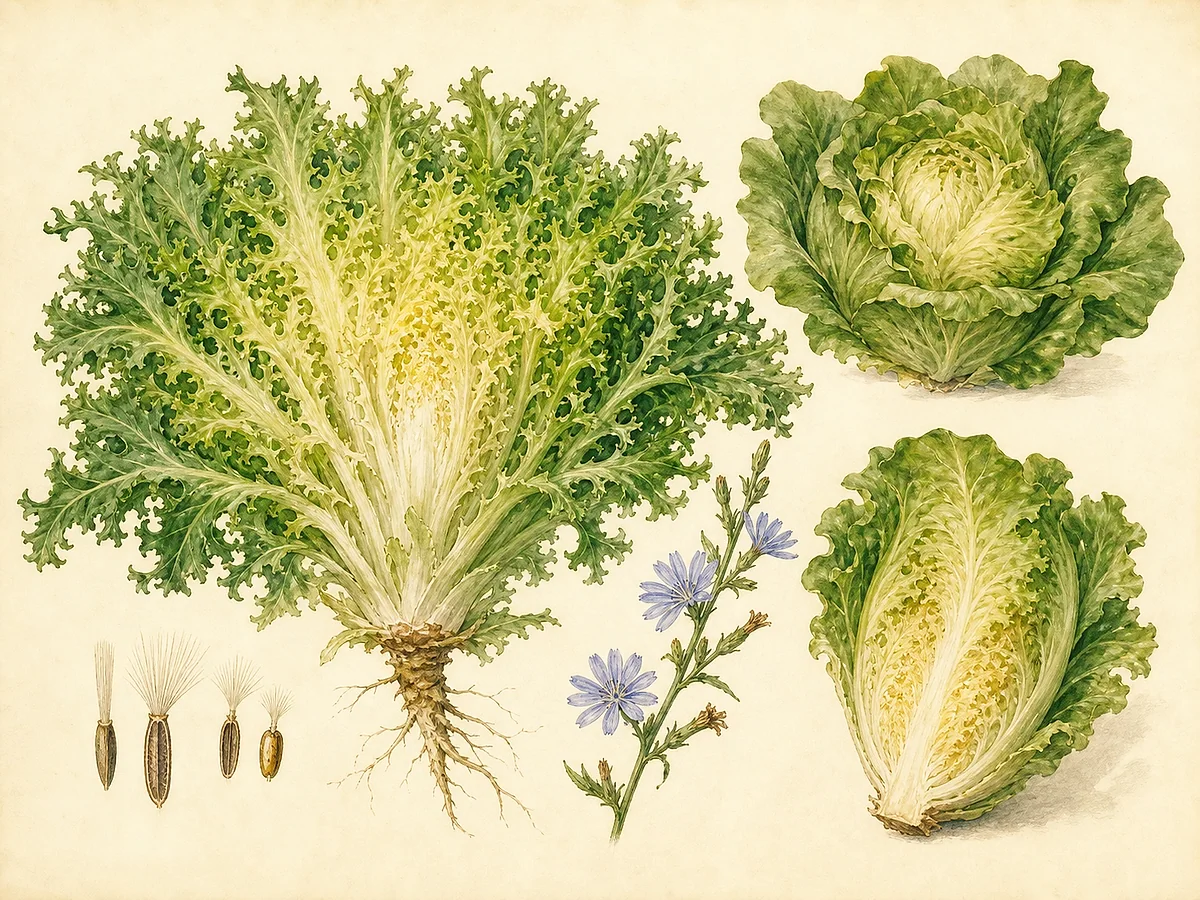 Ilustração botânica de endívia com roseta frisada e escarola de folha larga, coração branqueado, raiz, flores azul-claras e aquénios