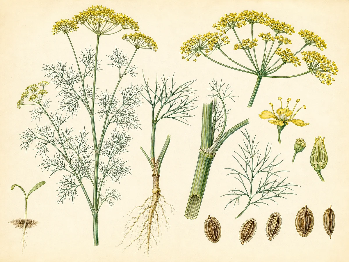 Ilustração botânica de endro com folhas muito finamente divididas, caule oco, grandes umbelas amarelas, frutos achatados, raiz e ramo colhido