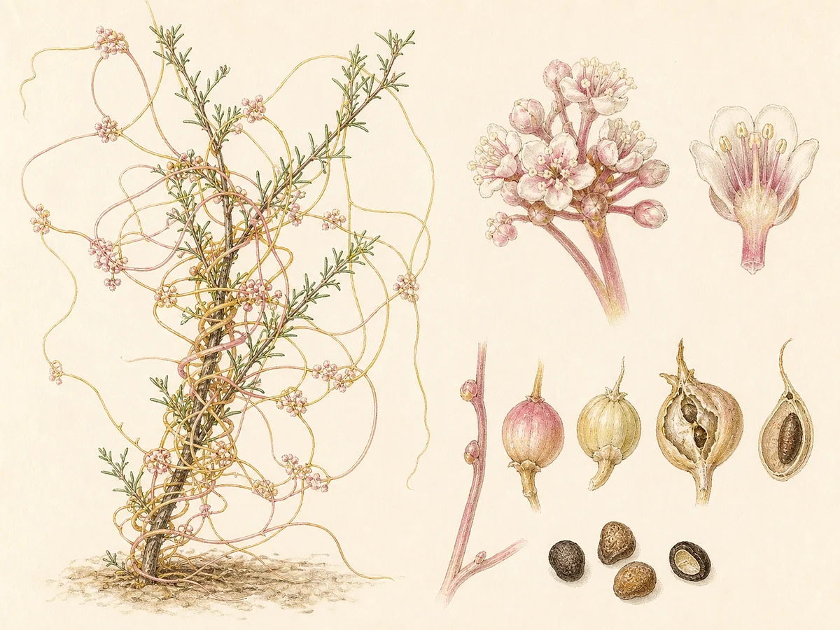 Prancha botânica documental de Cuscuta planiflora, trepadeira autóctone registada no arquipélago da Madeira