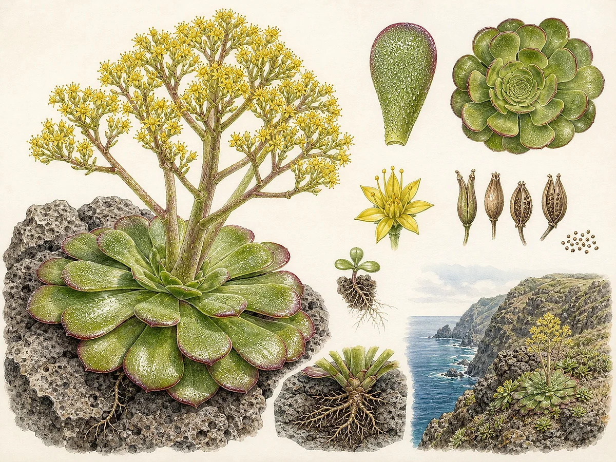 Prancha botânica de Aeonium glandulosum com grande roseta achatada aderente à rocha, folhas viscosas e inflorescência alta de flores amarelas