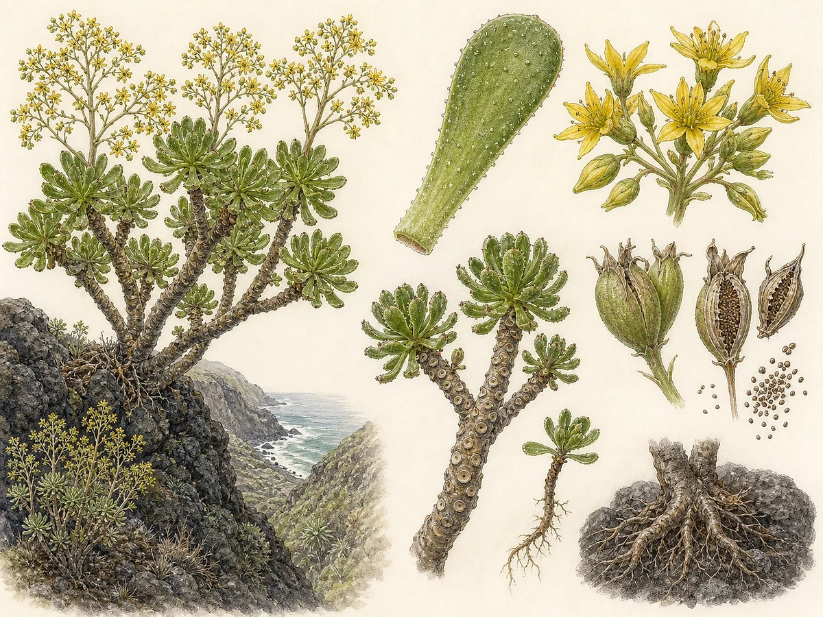 Prancha botânica de Aeonium glutinosum com caules ramificados, rosetas verdes viscosas, folhas espatuladas e panículas de flores amarelas