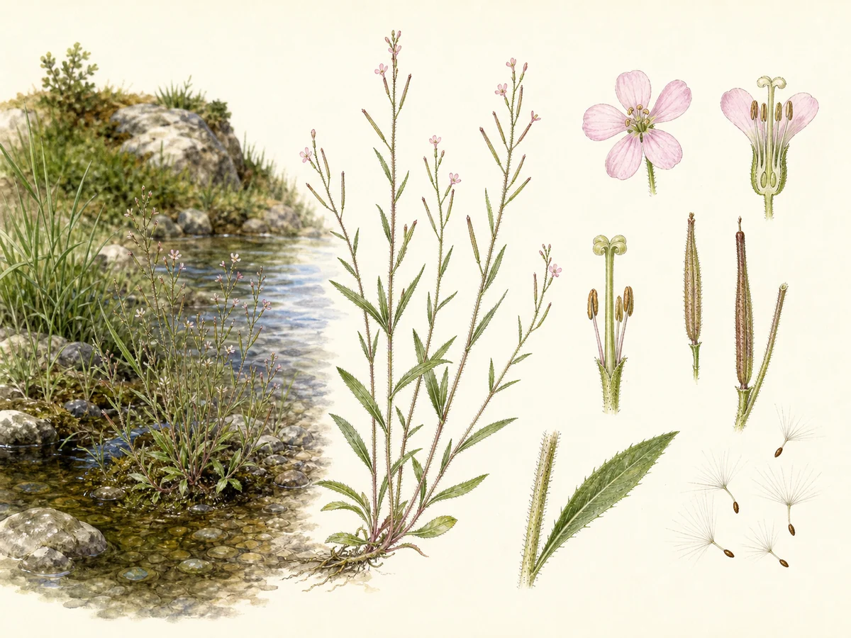Prancha botânica de Epilobium parviflorum com caule finamente piloso, folhas estreitas dentadas, pequenas flores rosa-pálido de quatro pétalas e cápsulas com sementes plumosas