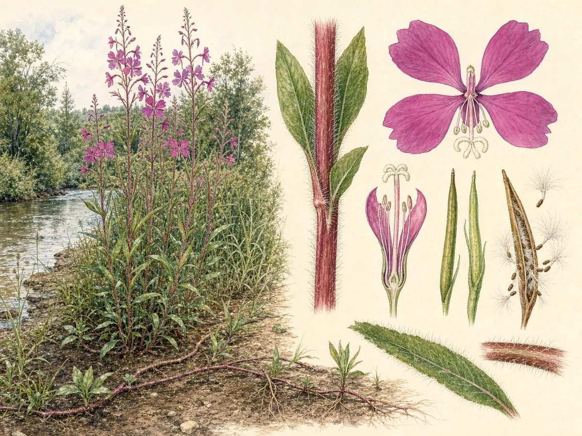 Prancha botânica de Epilobium hirsutum com caules altos pilosos, folhas opostas abraçando o caule, flores magenta de quatro pétalas fendidas e cápsulas longas