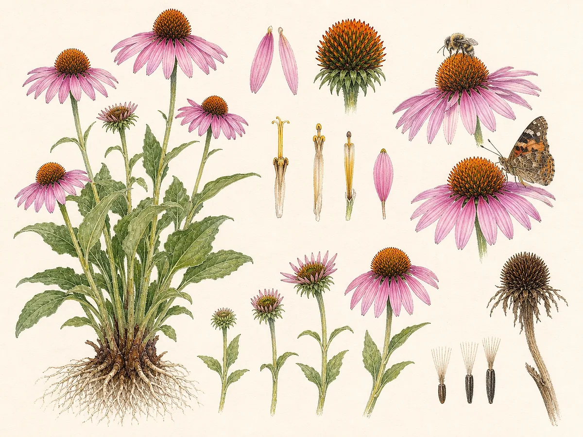 Ilustração botânica de equinácea-púrpura com folhas ásperas, capítulos de lígulas rosadas caídas, cone espinhoso, aquénios e coroa radicular