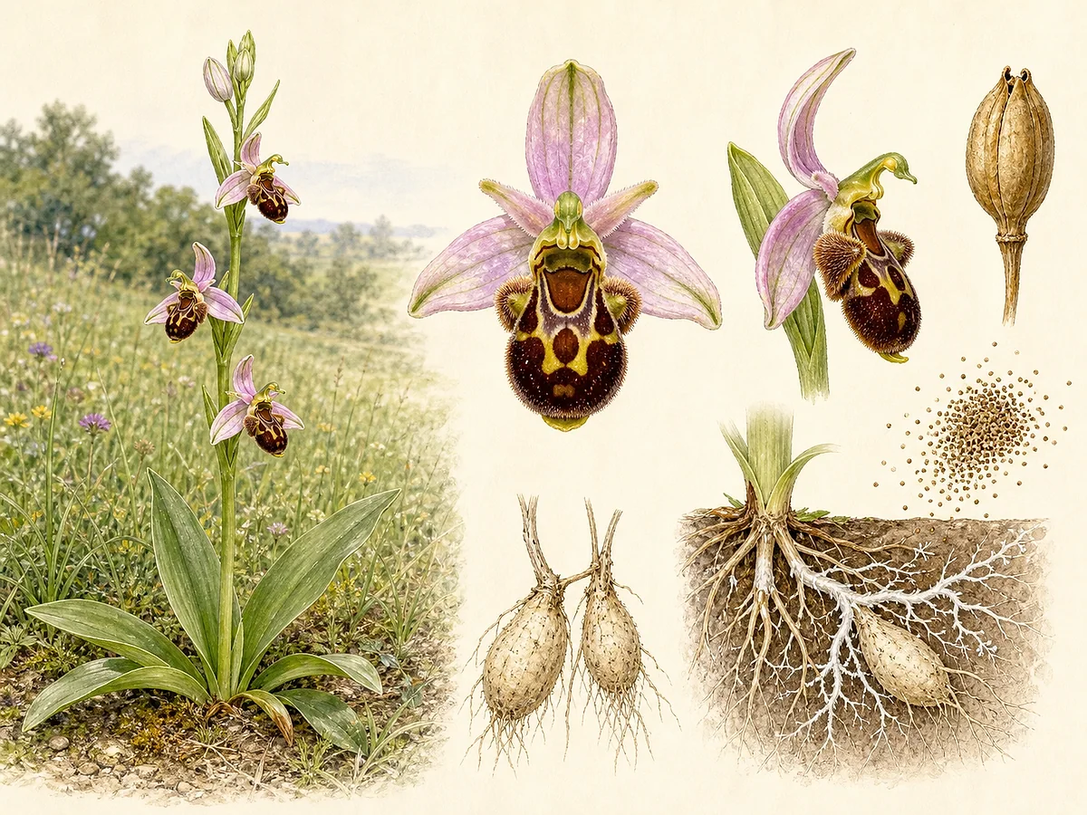 Prancha botânica de Ophrys apifera com roseta basal, haste floral, flores rosadas cujo labelo castanho imita uma abelha, cápsula e dois tubérculos subterrâneos