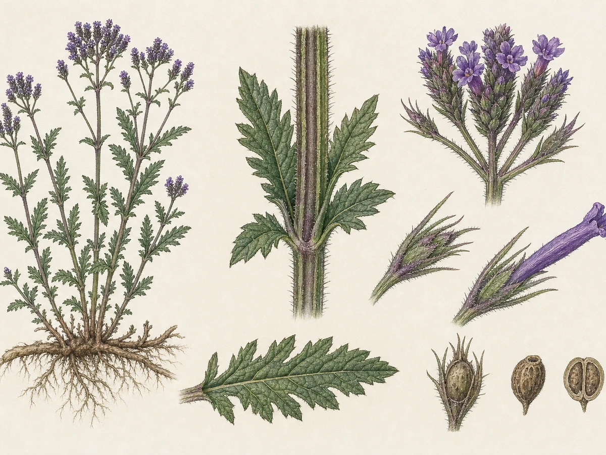 Prancha ilustrada de Verbena rigida com perene rizomatosa baixa, caules quadrangulares sulcados e híspidos, folhas opostas recortadas, espigas densas e flores violeta de tubo longo