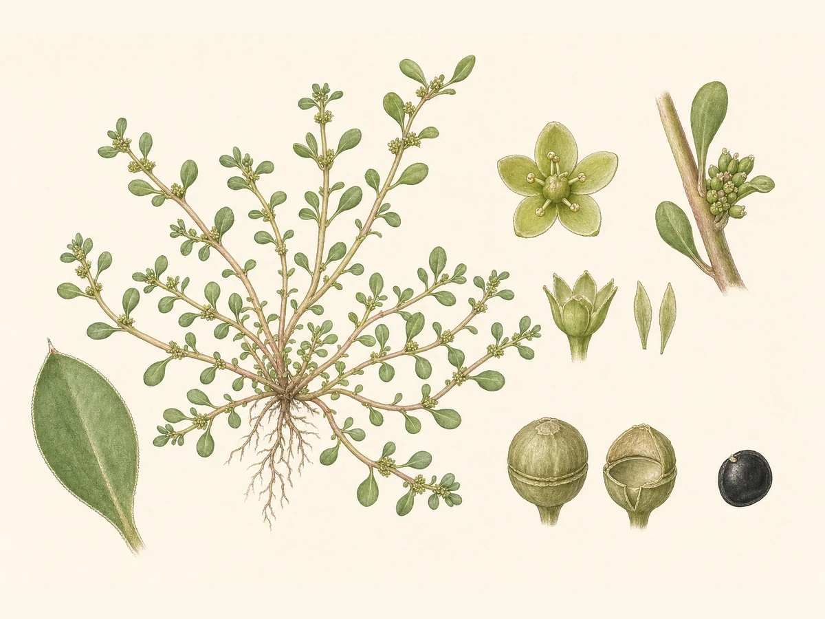 Prancha ilustrada de Amaranthus blitoides com anual prostrada e pontas ascendentes, caules muito ramificados, folhas oblongas a obovadas mucronadas e cimeiras axilares densas de flores pentâmeras
