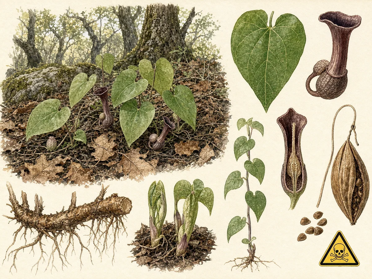 Prancha botânica de Aristolochia paucinervis com geófito de folhas cordiformes, flores tubulares castanho-púrpura em forma de cachimbo, cápsula pendente e rizoma subterrâneo