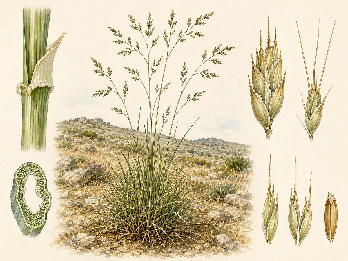 Prancha botânica de Festuca ampla com touceira aberta robusta, folhas basais estreitas, panícula ramificada e espiguetas de aristas curtas