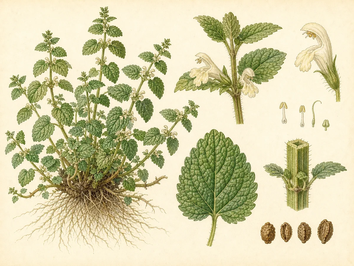 Ilustração botânica de erva-cidreira com touceira ramificada, folhas ovais enrugadas e serrilhadas, pequenas flores brancas, frutos e raiz