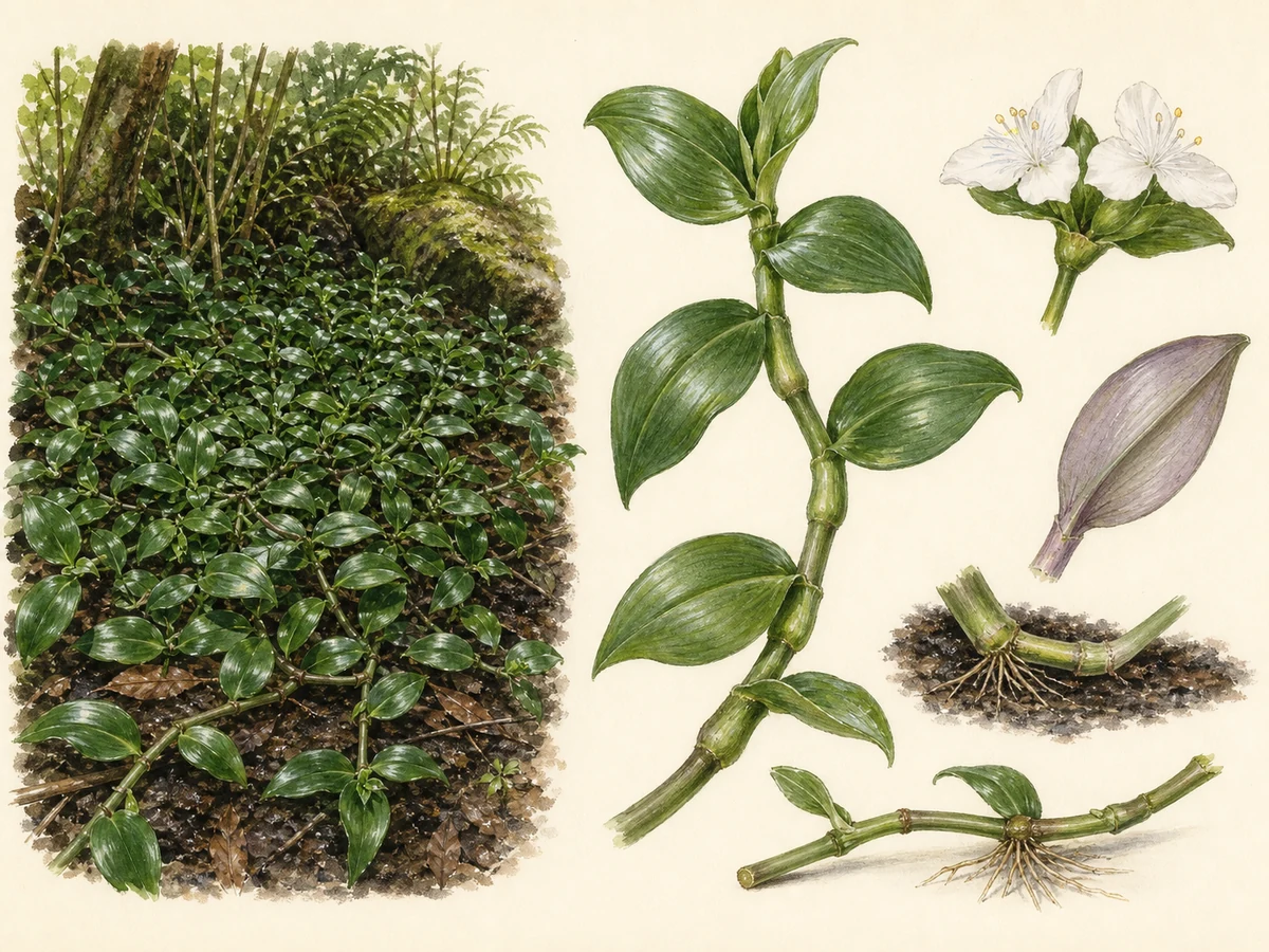 Prancha botânica de Tradescantia fluminensis com tapete sombreado, caule suculento nodoso, folhas verdes brilhantes, flor branca e nós enraizados