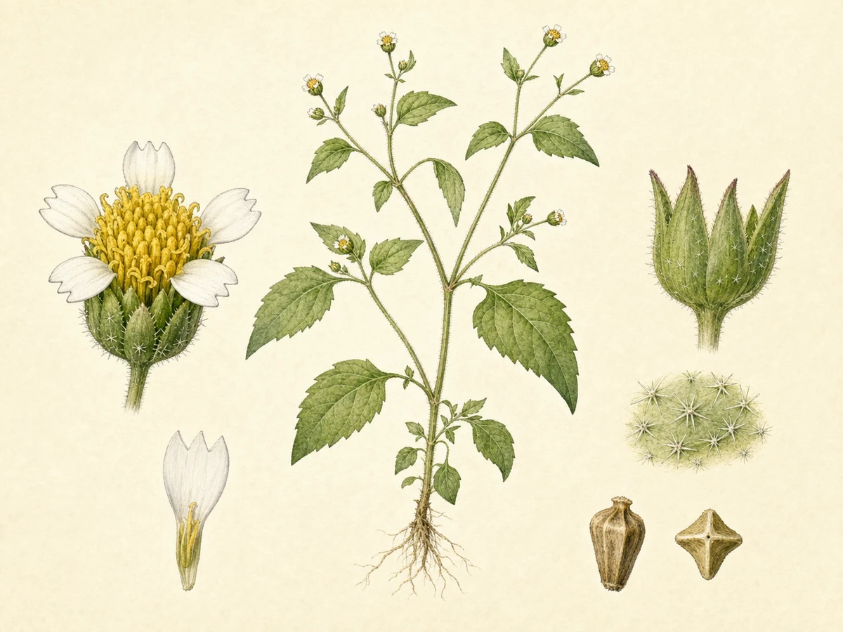 Prancha ilustrada de Galinsoga parviflora com pequena erva anual ramificada, folhas opostas ovadas e serradas, capítulos diminutos com cinco lígulas brancas tridentadas e disco amarelo