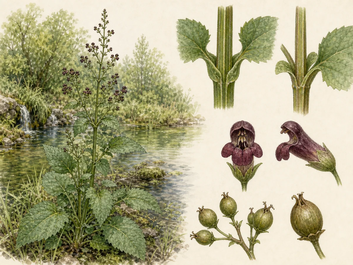 Prancha botânica de Scrophularia auriculata subsp. auriculata com caule quadrangular alado, folhas opostas dentadas com aurículas basais, flores castanho-púrpura e cápsulas ovais