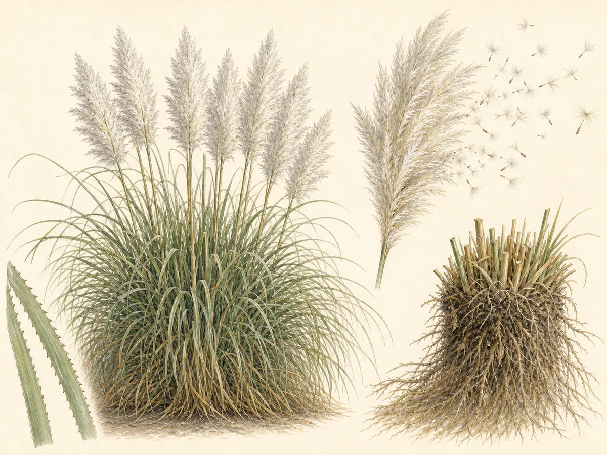 Ilustração botânica de identificação de uma erva-das-pampas com folhas cortantes, grandes penachos claros e sementes dispersas