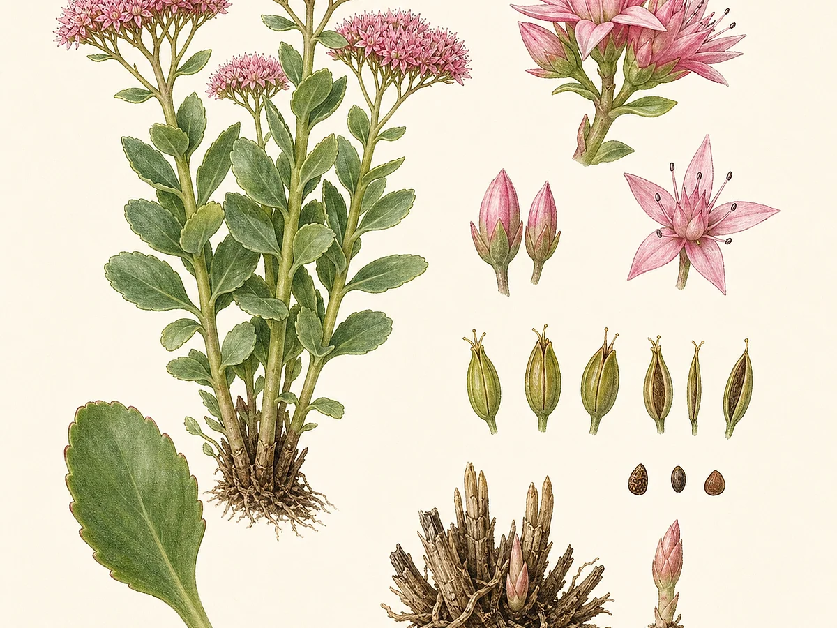 Prancha botânica de Hylotelephium telephium com touceira de caules eretos, folhas carnosas, corimbos de flores rosadas estreladas, folículos e sementes
