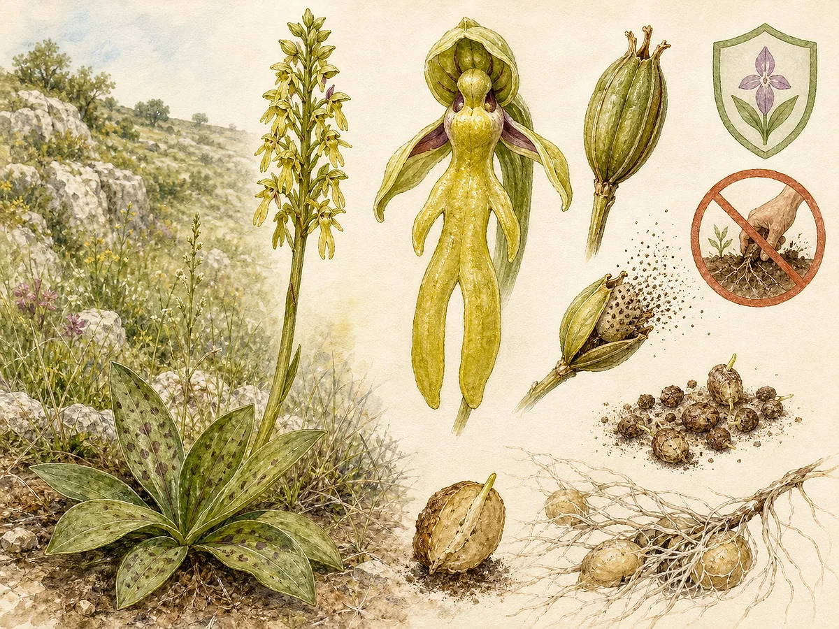 Prancha botânica de Orchis anthropophora com roseta basal, haste fina e espiga densa de flores verde-amarelas cujo labelo sem esporão tem forma humana