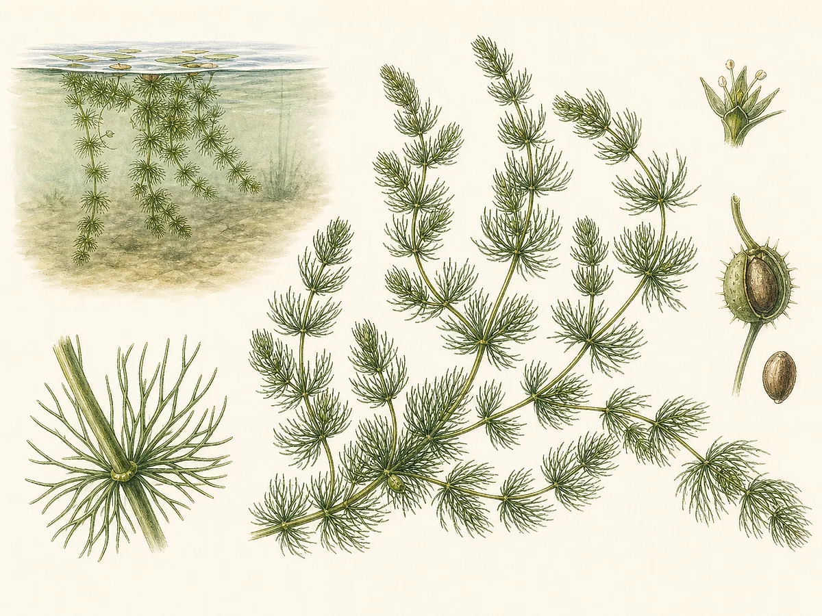 Prancha botânica subaquática de Ceratophyllum demersum com caules ramificados, folhas rígidas bifurcadas em verticilos, pequenas flores e fruto