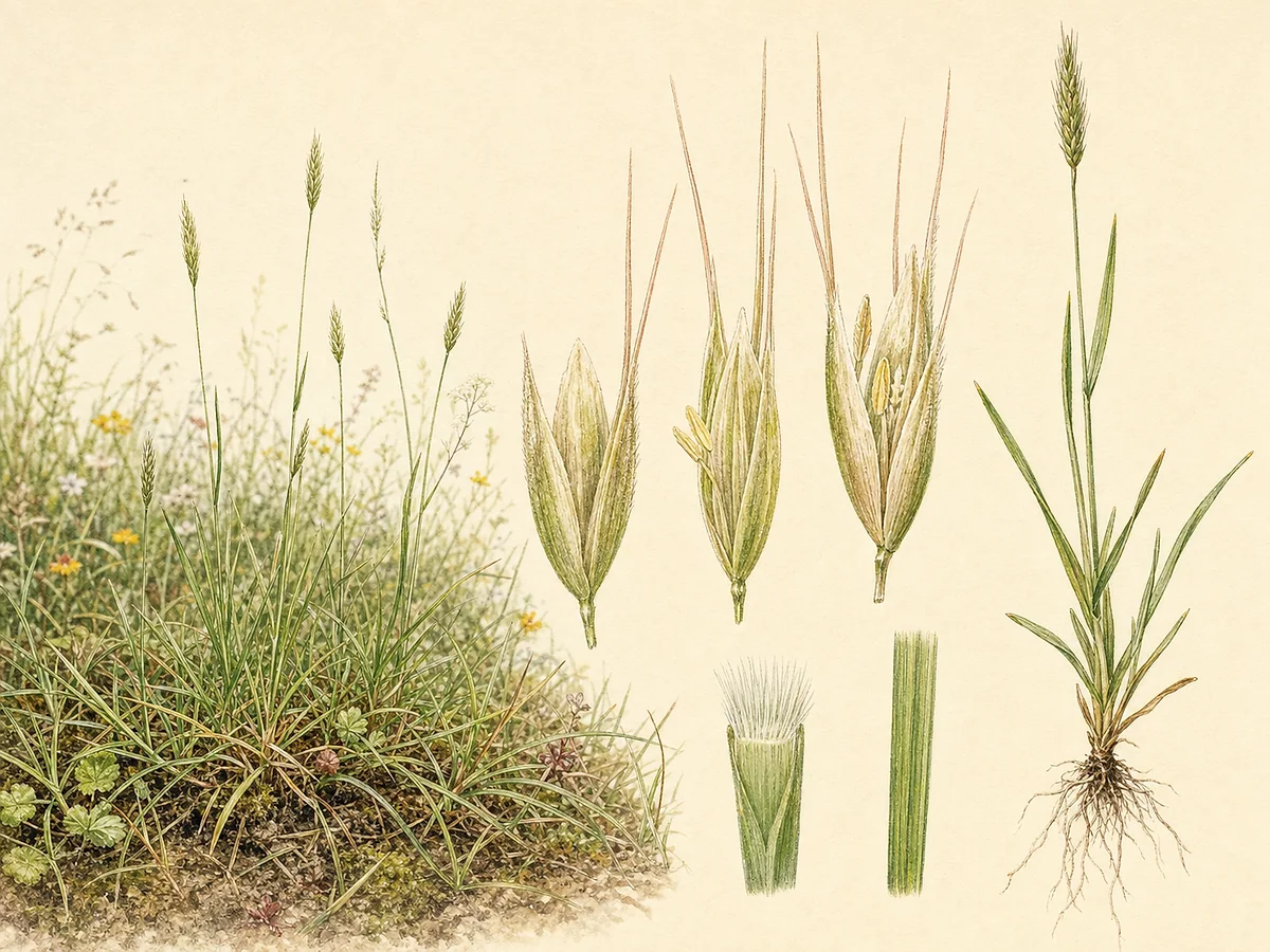 Prancha botânica de Anthoxanthum aristatum subsp. aristatum com pequeno tufo anual, folhas curtas e panícula espiciforme estreita com espiguetas aristadas