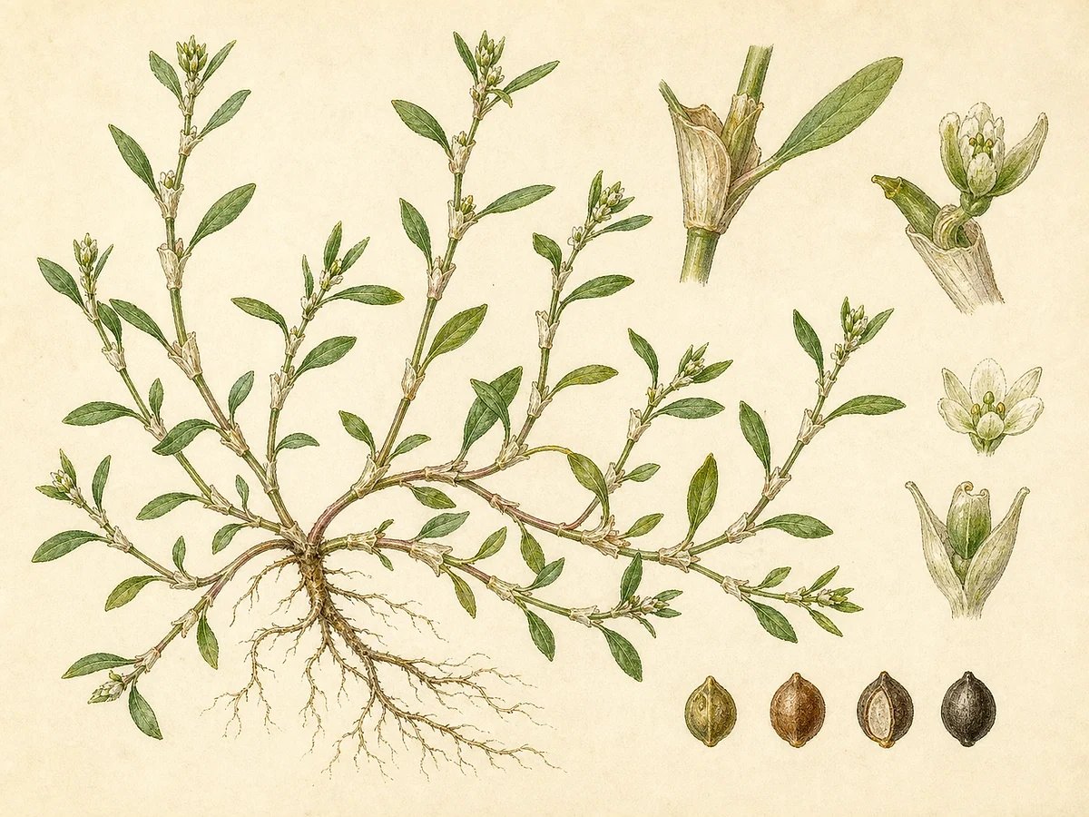 Prancha botânica de Polygonum aviculare com caules prostrados, folhas estreitas, ócreas, pequenas flores, aquénios e raiz