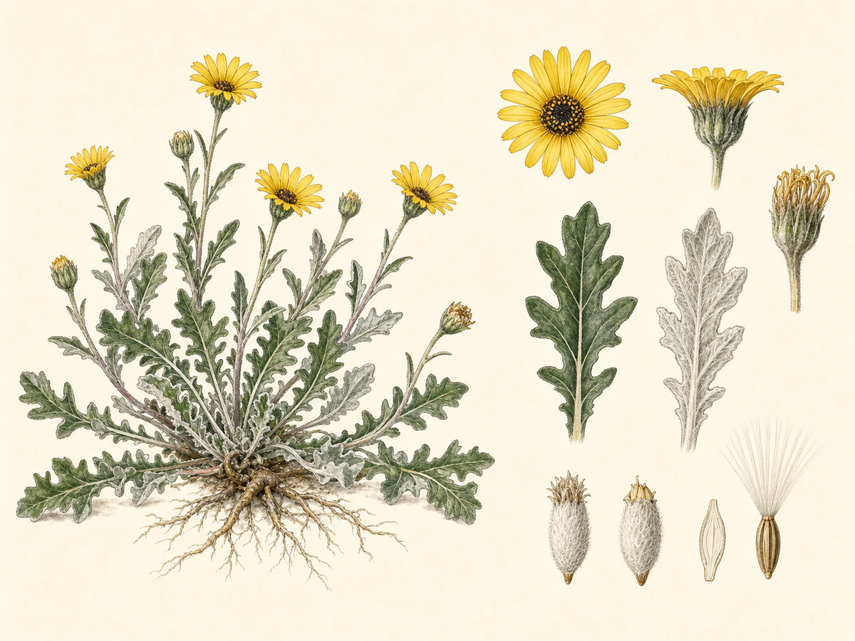 Prancha ilustrada de Arctotheca calendula com roseta rasteira, folhas lobadas verdes e lanosas, capítulos amarelos e pormenores dos frutos