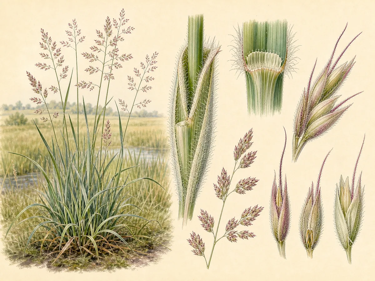Prancha botânica de Holcus lanatus com tufo macio e piloso, folhas verde-cinzentas, panícula rosada, lígula e espiguetas aristadas