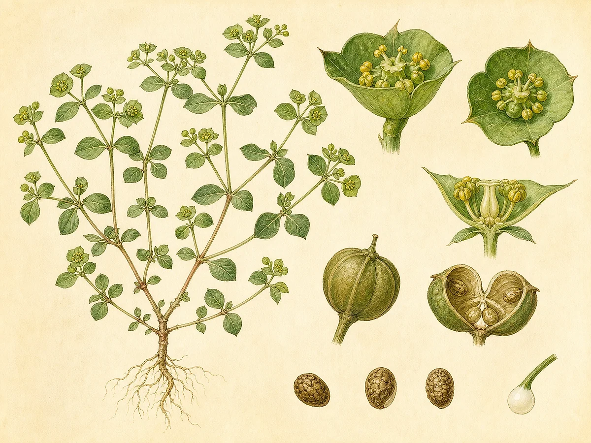Prancha botânica de Euphorbia peplus com erva anual, folhas, ciátios, cápsula trilobada, sementes e gota de látex