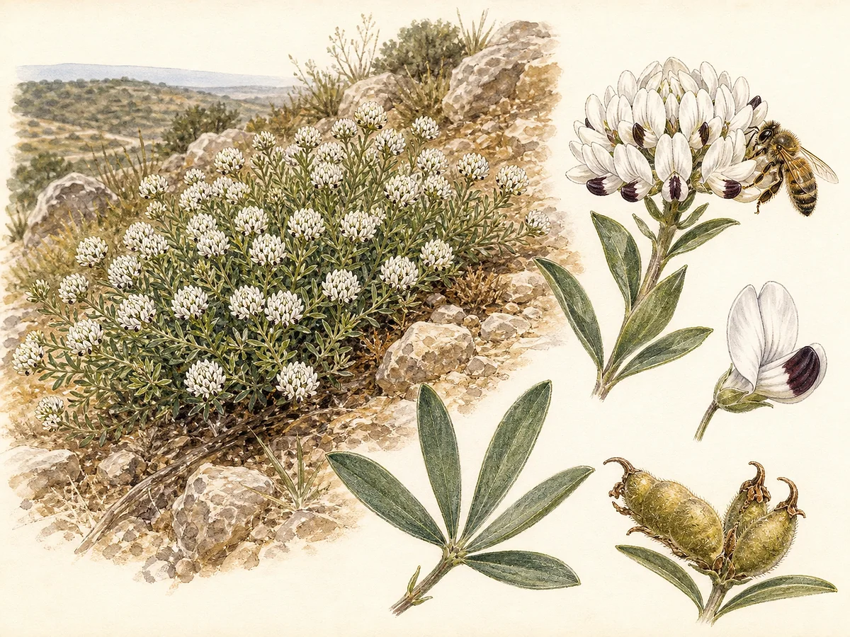 Prancha botânica de Dorycnium pentaphyllum com subarbusto baixo, folhas de cinco folíolos estreitos, glomérulos de pequenas flores brancas com quilha escura e vagens curtas