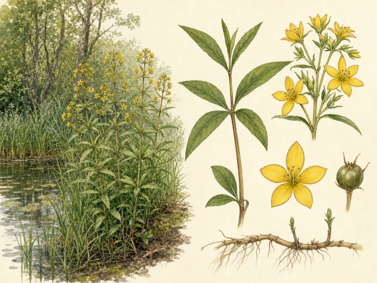 Prancha botânica de Lysimachia vulgaris com rizoma, caules eretos, folhas opostas ou verticiladas, panículas de flores amarelas de cinco pétalas e cápsula globosa