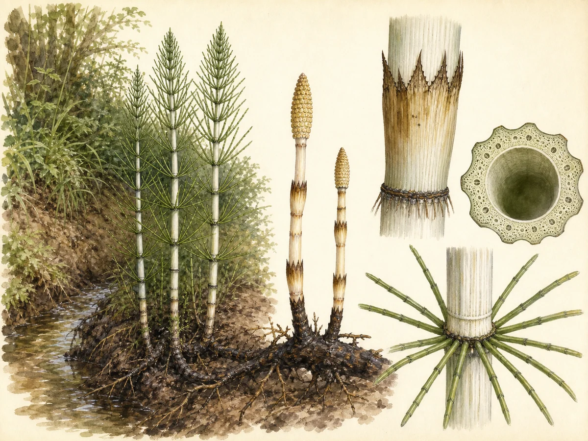 Prancha botânica de Equisetum telmateia com caules férteis creme sem ramos e estróbilo terminal, caules estéreis brancos robustos com verticilos verdes e bainha dentada