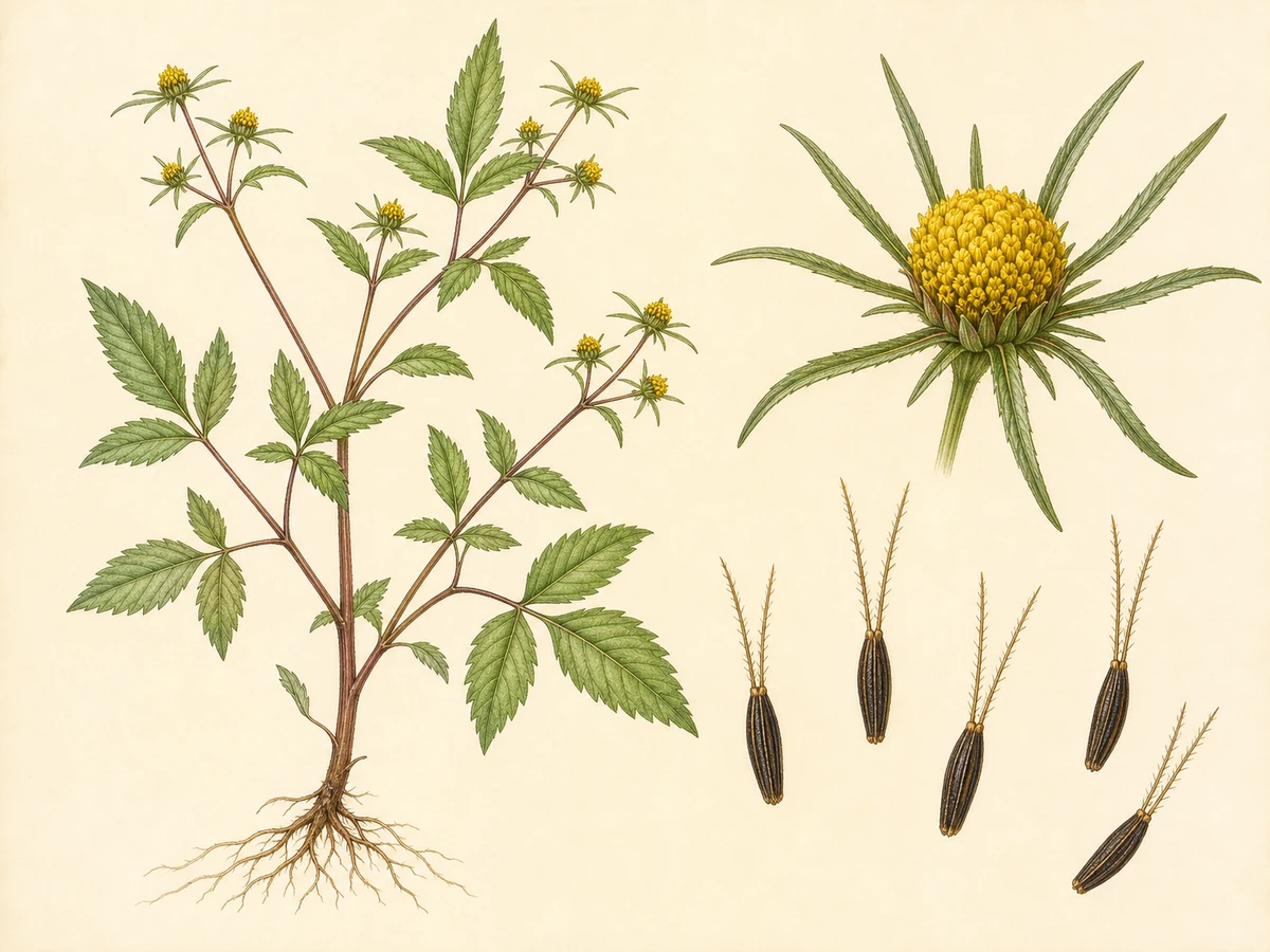 Prancha ilustrada de Bidens frondosa com caules avermelhados, folhas compostas serradas, capítulos amarelos de brácteas longas e frutos negros com duas aristas