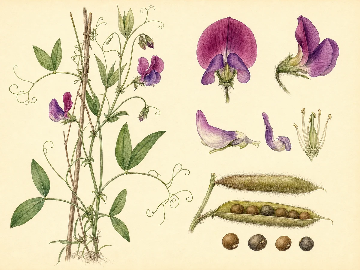 Prancha botânica documental de Lathyrus odoratus, trepadeira introduzida registada no arquipélago da Madeira