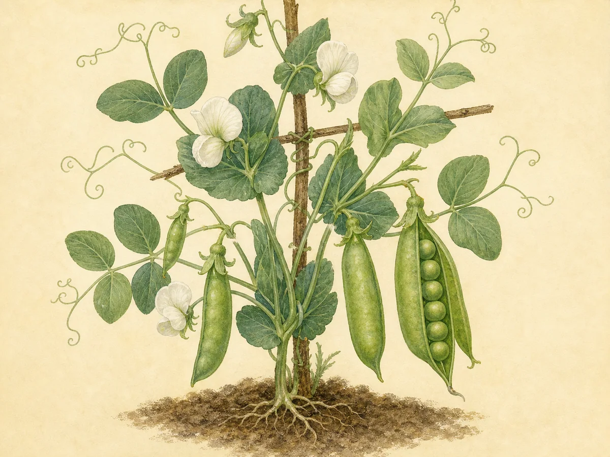 Ilustração botânica de ervilheiras com gavinhas, flores brancas e vagens abertas