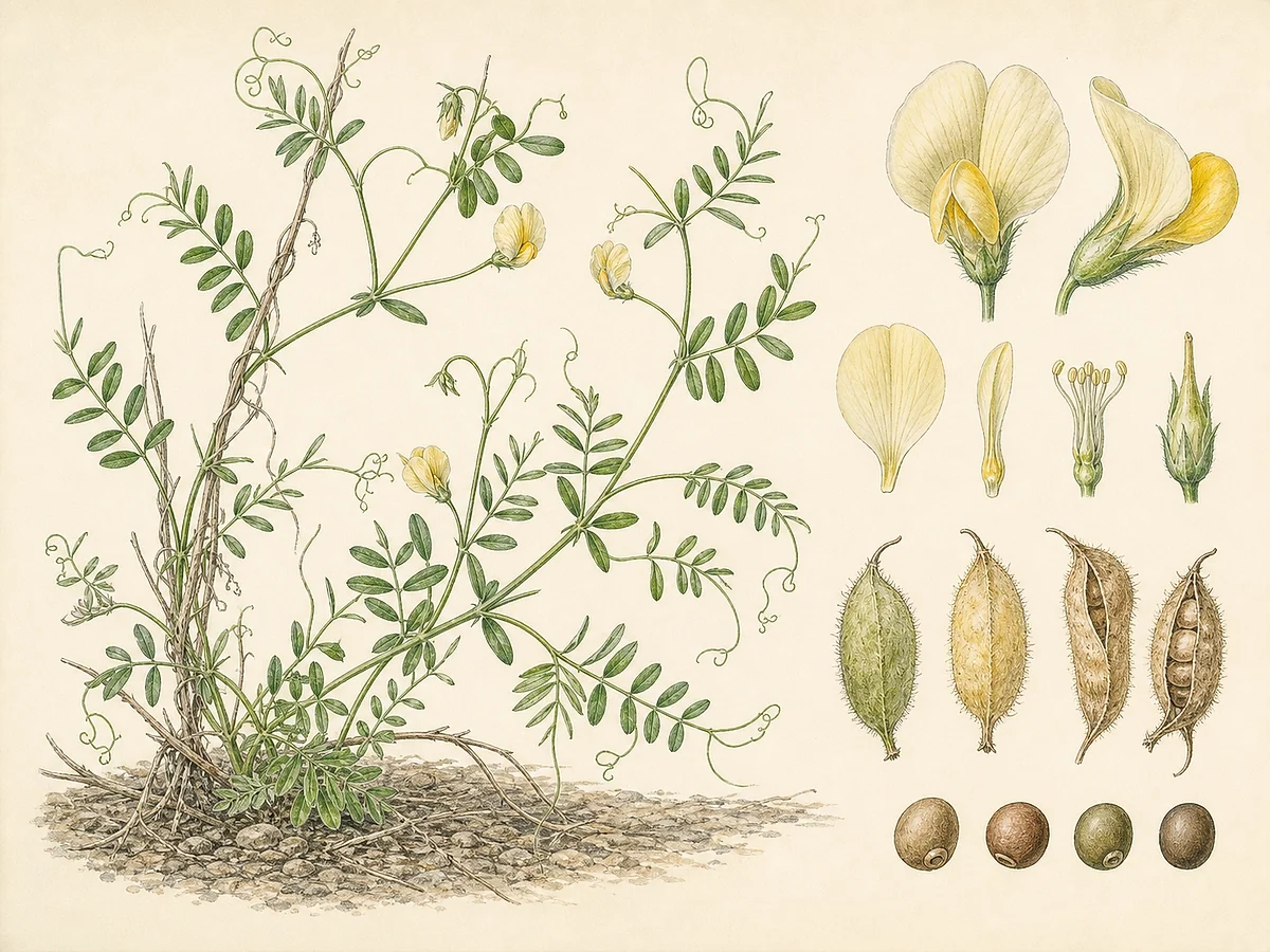 Prancha botânica documental de Vicia lutea subsp. lutea, trepadeira autóctone registada no arquipélago da Madeira