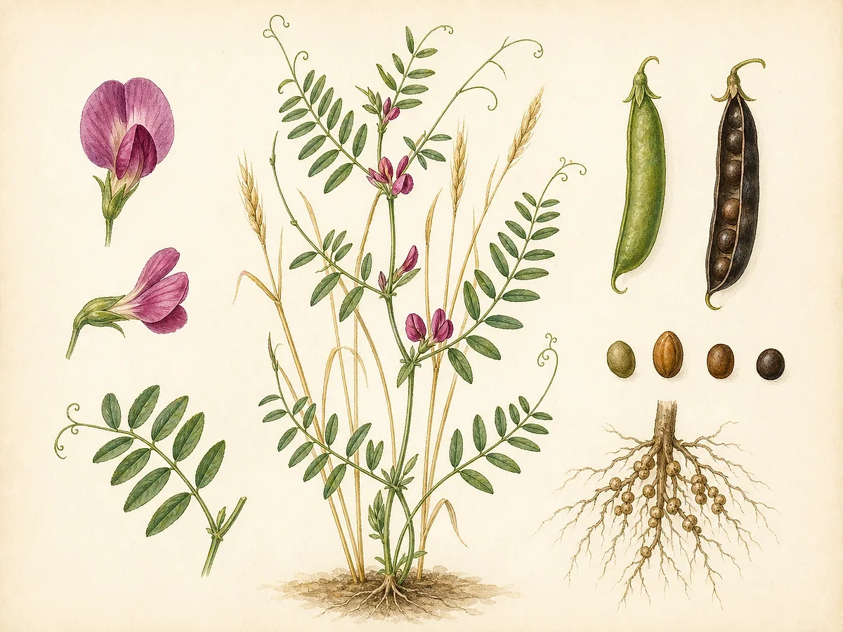 Ilustração botânica de ervilhaca-comum com caules trepadores, folhas pinadas e gavinhas, flores púrpura, vagens e raízes noduladas