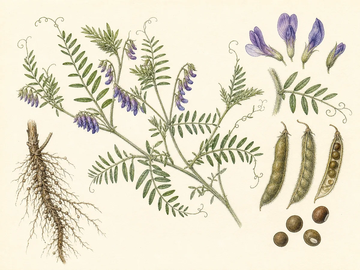 Ilustração botânica de ervilhaca-peluda com caules pilosos trepadores, folhas pinadas, gavinhas, flores roxas, vagens e nódulos